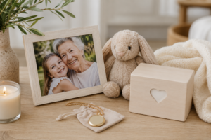 personalised-memorial-gifts-for-children-keepsake - Personalized Gifts For All Occasions Gift Supplier Child-friendly memorial gift display with photo frame, soft toy, candle, keepsake box and necklace