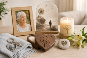 personalised-memorial-gifts-remembrance-keepsakes - Personalized Gifts For All Occasions Gift Supplier Personalised memorial gift display with photo frame, candle, heart keepsake, remembrance plaque and flowers.