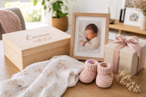 personalised-new-baby-gifts-australia-keepsake - Personalized Gifts For All Occasions Gift Supplier Personalised new baby gift display with engraved keepsake box, baby photo frame, blanket, booties and wrapped gift.