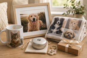 Personalised pet gift display with pet photo frame, photo mug, photo blanket, paw keepsake and keyring.