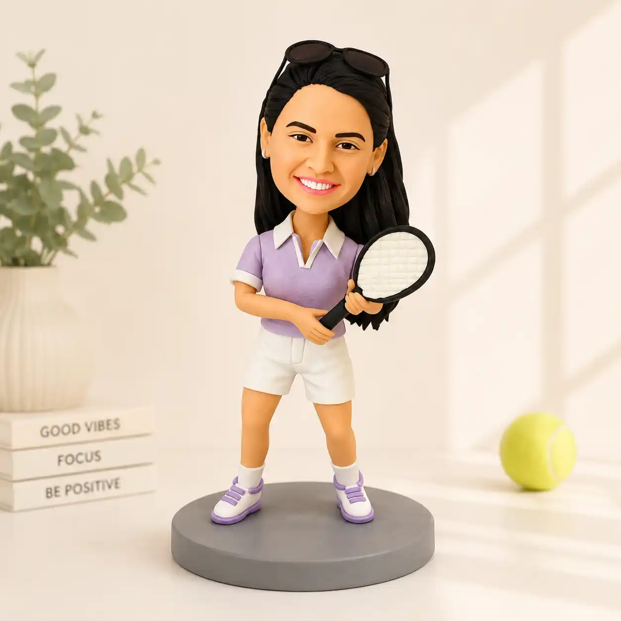 Bobblehead-style figurine of a woman tennis player with black hair, wearing a purple polo shirt, white shorts and purple sneakers, holding a tennis racket, standing on a gray pedestal.
