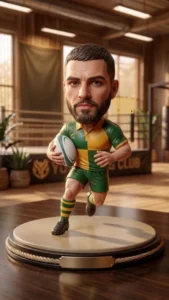 Bobblehead figurine of a rugby player in green and yellow jersey running with a ball on a circular pedestal.