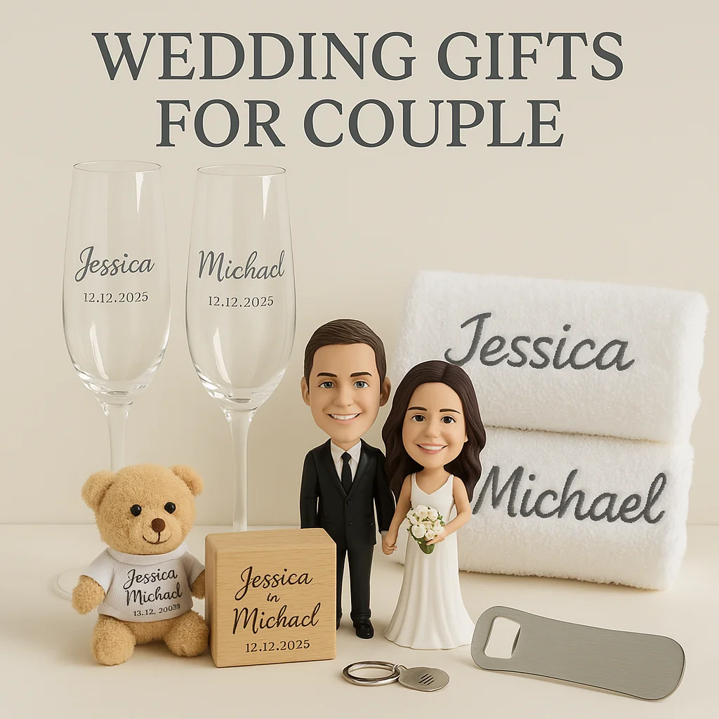 Wedding gift display for Jessica and Michael: personalized name/date glasses, towels, a couple figurine, a teddy bear, a wooden block with their names and date, and a bottle opener.