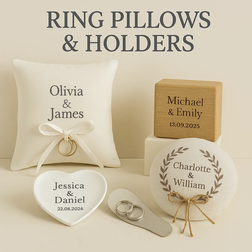 Cream decorative pillow reads 'Olivia & James' with a white ribbon and rings attached for a ring holder set.