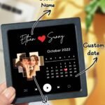 Personalized acrylic music plaque featuring custom names, a special date, and a custom couple photo in a unique puzzle-style collage. Designed with a music player-inspired interface, calendar highlighting an important date, and playback controls, this custom photo music plaque is a meaningful keepsake gift for couples, anniversaries, weddings, Valentine's Day, engagements, and birthdays.