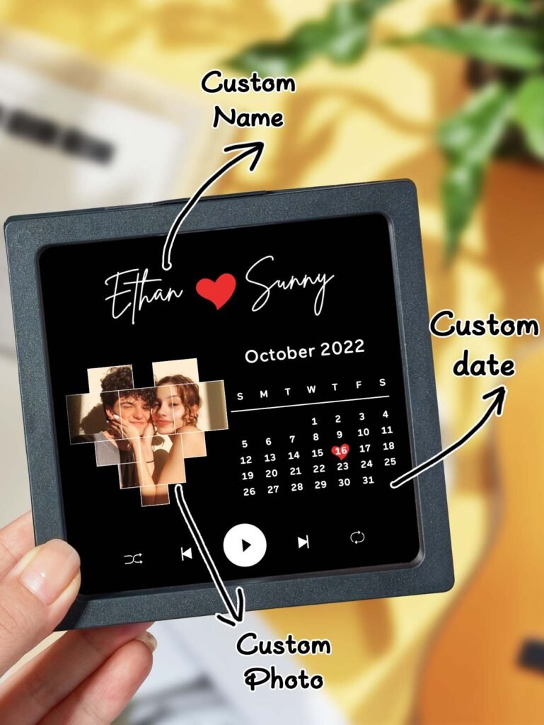 Personalized acrylic music plaque featuring custom names, a special date, and a custom couple photo in a unique puzzle-style collage. Designed with a music player-inspired interface, calendar highlighting an important date, and playback controls, this custom photo music plaque is a meaningful keepsake gift for couples, anniversaries, weddings, Valentine's Day, engagements, and birthdays.