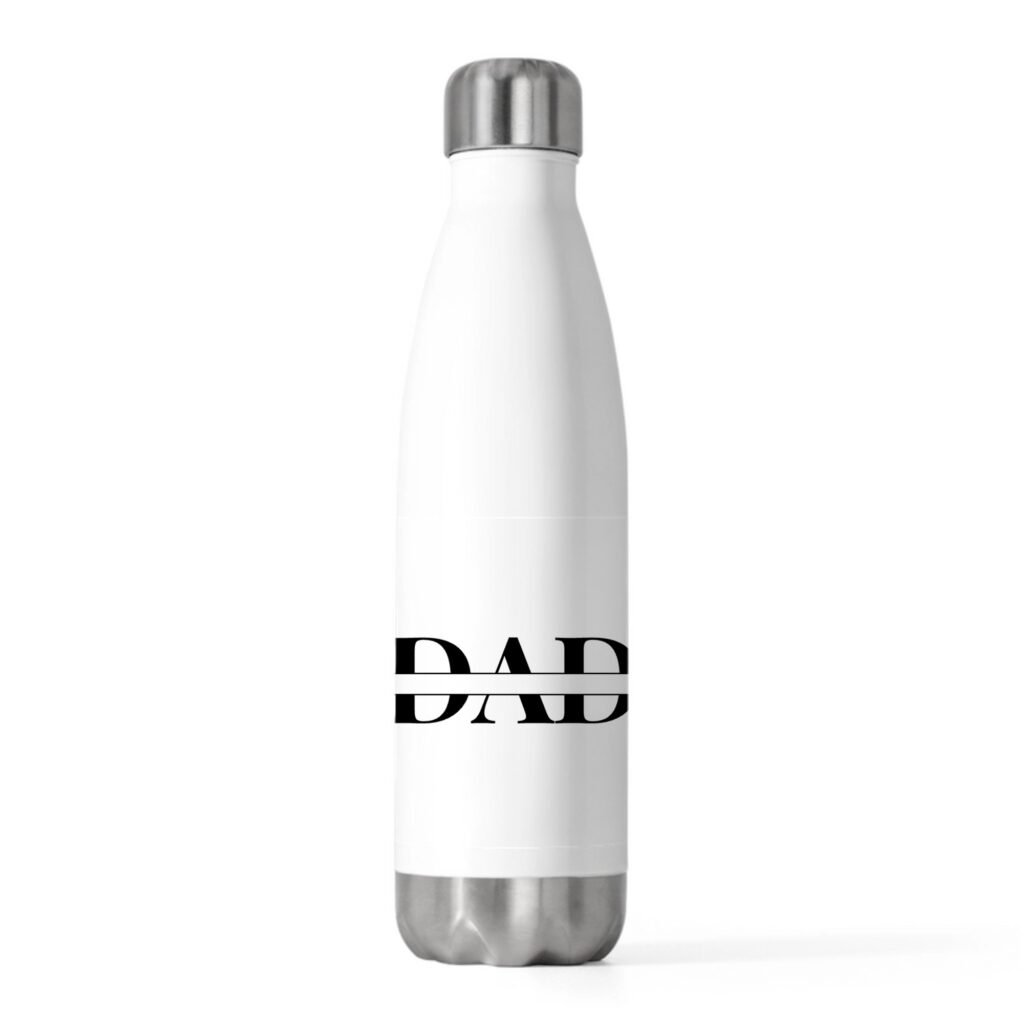 White bottle with a silver cap and bold black letters reading 'DAD' wrapped around the middle of the label.