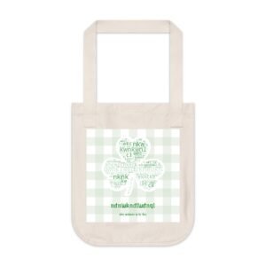 1a965050-2195-47f8-8de9-ca3d31ffbe1b-300x300-1 - Personalized Gifts For All Occasions Gift Supplier Beige canvas tote bag with a light green gingham panel and a four-leaf-clover graphic on the front.