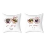 Two white throw pillows featuring pink heart-shaped photo frames with pictures of a couple and the words 'Love Always' in pink script.