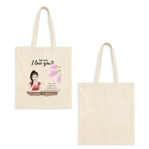 Two beige canvas tote bags; one features a printed illustration of a girl with text 'I love you' and pink flowers, the other is plain.