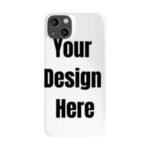 Phone case mockup with bold black 'Your Design Here' text, indicating a customizable design space.