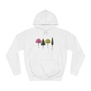 White hoodie with a row of five colorful, stylized trees on the chest.
