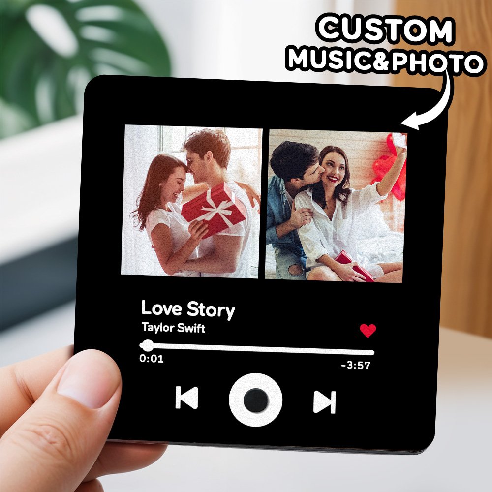 Personalized music plaque featuring custom photos, song title, artist name, playback controls, progress bar, and a heart icon. This custom acrylic music photo plaque is inspired by a music player design and can be personalized with your favorite song, photos, and music code, making it a meaningful gift for couples, anniversaries, Valentine's Day, weddings, birthdays, and special occasions.