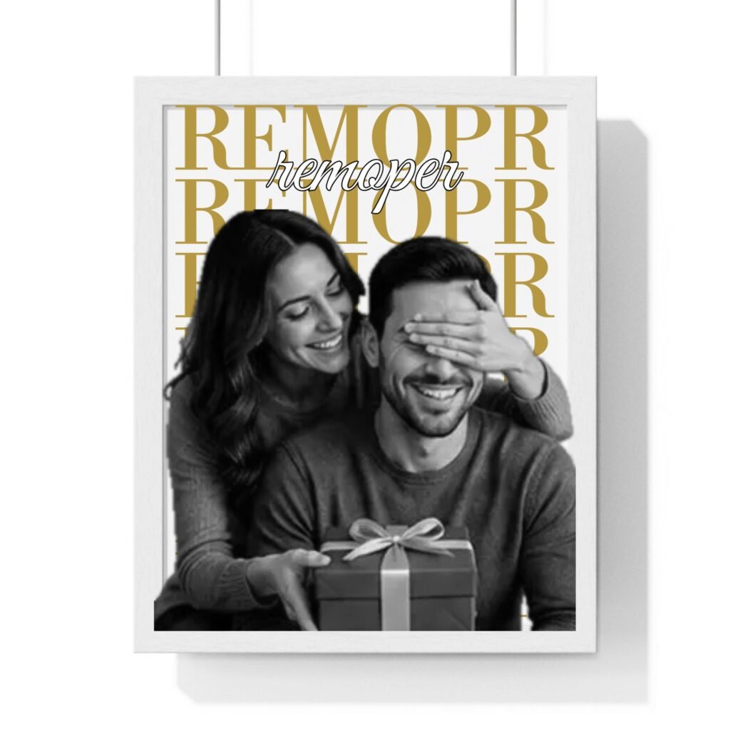 Joyful couple in a frame holding a wrapped gift, with the woman covering the man's eyes and both smiling in a black-and-white photo.