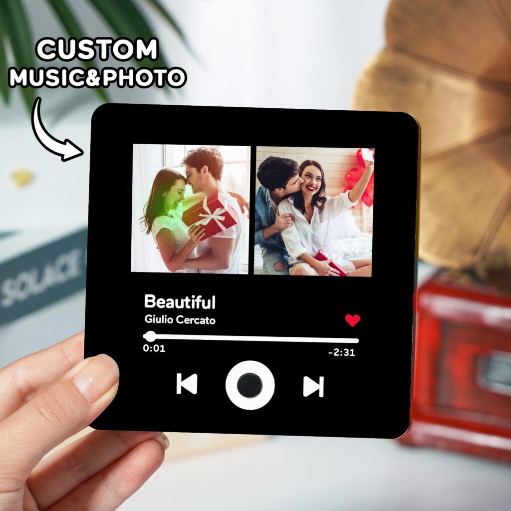 Personalized music plaque featuring custom photos, song title, artist name, playback controls, progress bar, and a heart icon. This custom acrylic music photo plaque is inspired by a music player design and can be personalized with your favorite song, photos, and music code, making it a meaningful gift for couples, anniversaries, Valentine's Day, weddings, birthdays, and special occasions.