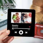 Personalized music plaque featuring custom photos, song title, artist name, playback controls, progress bar, and a heart icon. This custom acrylic music photo plaque is inspired by a music player design and can be personalized with your favorite song, photos, and music code, making it a meaningful gift for couples, anniversaries, Valentine's Day, weddings, birthdays, and special occasions.