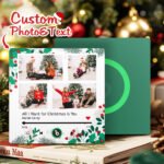 Personalized Christmas music plaque featuring a custom four-photo collage, custom text, favorite song title, artist name, and music player-inspired design with playback controls. Decorated with festive holiday foliage, this custom acrylic music plaque can be personalized with your photos, song, and music code, making it a meaningful Christmas gift for couples, families, friends, anniversaries, and holiday celebrations.