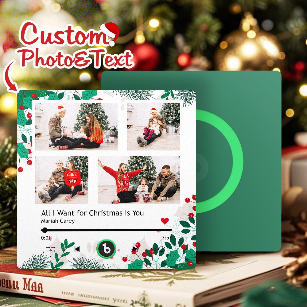 Personalized Christmas music plaque featuring a custom four-photo collage, custom text, favorite song title, artist name, and music player-inspired design with playback controls. Decorated with festive holiday foliage, this custom acrylic music plaque can be personalized with your photos, song, and music code, making it a meaningful Christmas gift for couples, families, friends, anniversaries, and holiday celebrations.