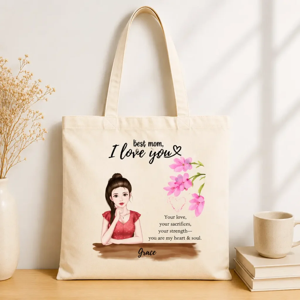 Beige tote bag with a cartoon woman beside pink flowers and the message “best mom, I love you”; signed “Grace.”