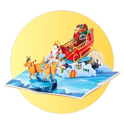 Santa Claus in a red sleigh full of gifts, pulled by reindeer over a snowy sea and a polar bear nearby, resting on an open map or book.