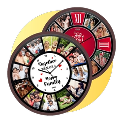 Circular clock-shaped photo collage featuring many family pictures around a center dial that reads 'Together forever, happy family'