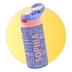 Kids water bottle with pink body, blue lid and red straw, blue wrap with 'Sophia' pattern on a yellow circular background.