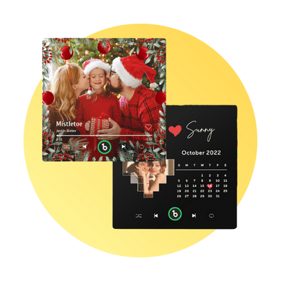 Collage showing a Christmas photo with three people kissing under mistletoe and a black October 2022 calendar with music player controls.