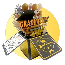 Graduation-themed celebration image featuring a mortarboard, diploma, and certificate on a yellow circle backdrop with stars and confetti.