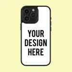 Smartphone with a white screen mockup reading 'YOUR DESIGN HERE' on a pale yellow background.