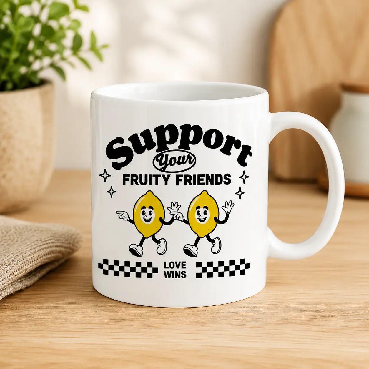 Mug - Personalized Gifts For All Occasions Gift Supplier White mug with a cartoon of two smiling dancing lemons and the phrases 'Support your fruity friends' and 'Love Wins' with a black-and-white checkered border beneath.