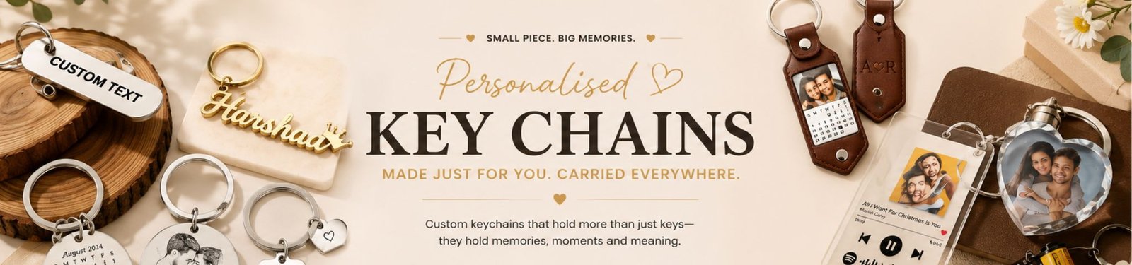 Personalized keychains with photo charms and custom text on a light background display banner styling text reading 'Key Chains' and 'Made Just for You'.