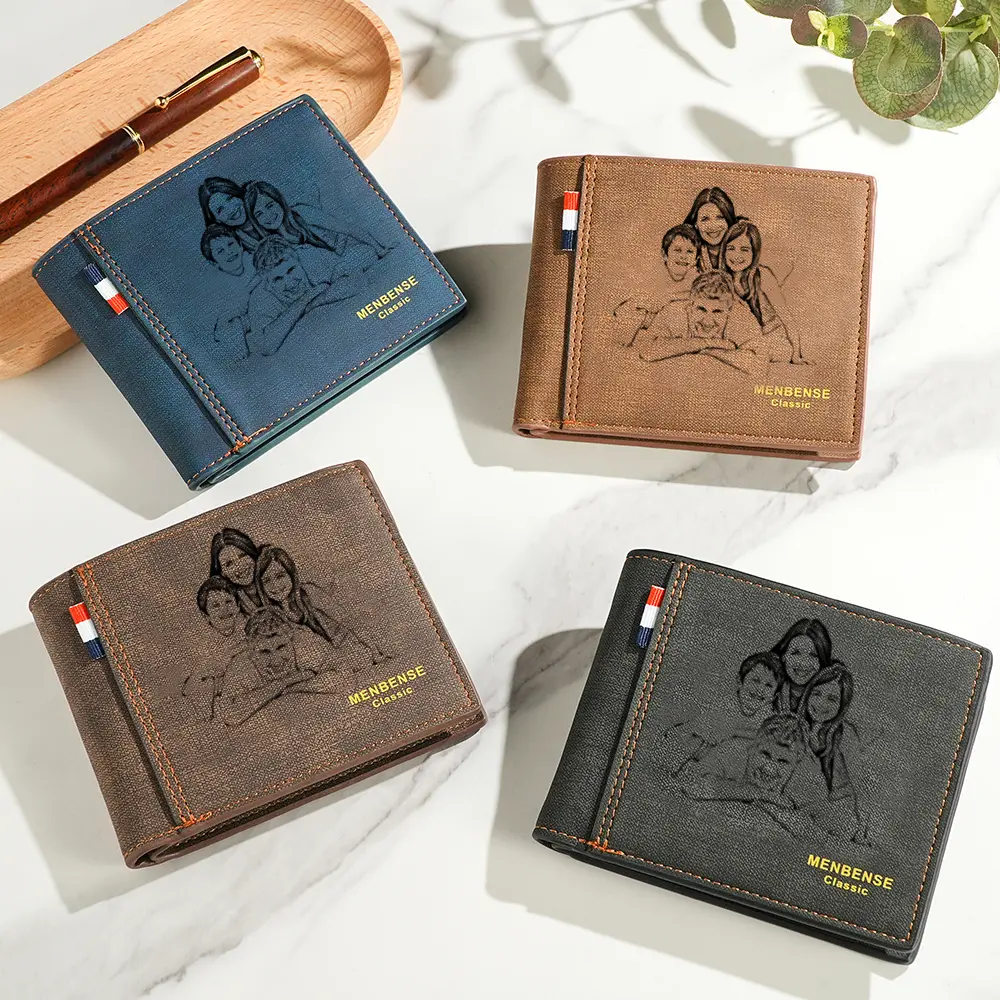 Four leather wallets in blue, tan, brown, and black arranged on a white surface, each with a subtle line-drawing of a family on the cover and a gold 'MENBENSE Classic' logo; small tricolor fabric tag on the side.