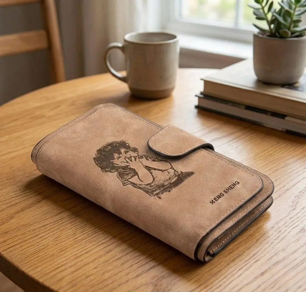 Beige wallet with flap closure and a child-like illustration on a wooden table, branding reads XENG SHENG in the corner.