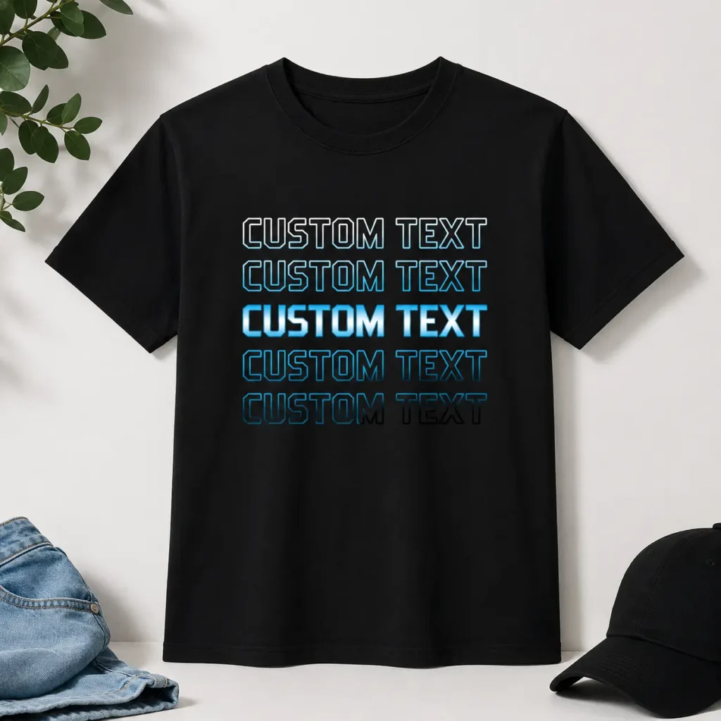 Black T-shirt mockup with five lines of blue neon-outline text reading 'CUSTOM TEXT' for customization ideas.