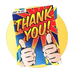 Comic-style 'THANK YOU!' card with two thumbs up against a yellow circle background.