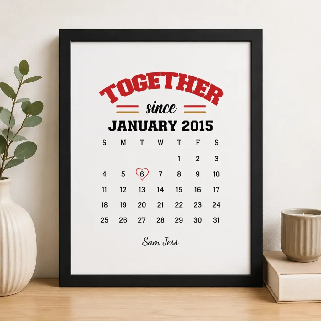 Framed calendar-style print reading 'Together since January 2015' with a heart around the 6th, resting on a desk.