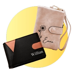 Two personalized wallets: a beige leather wallet with a floral design and the name Emma, and a black wallet with brown corners and the name William, shown against a yellow circular background