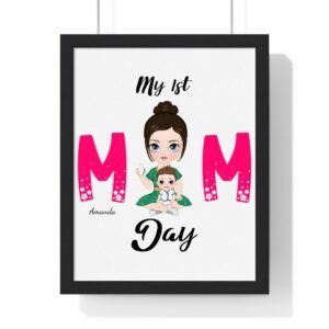 Framed print reading 'My 1st MOM Day' with a cartoon mom holding a baby between two large pink Ms, a Mother's Day themed gift.