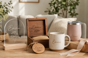 A selection of personalised engraved gifts including keepsakes and drinkware