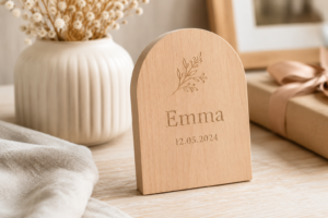 A close-up of an engraved keepsake personalised with a name and date
