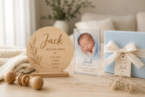 Personalised newborn boy keepsakes featuring a name and birth details