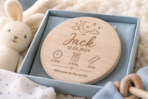 A personalised keepsake gift for a newborn baby boy in soft tones