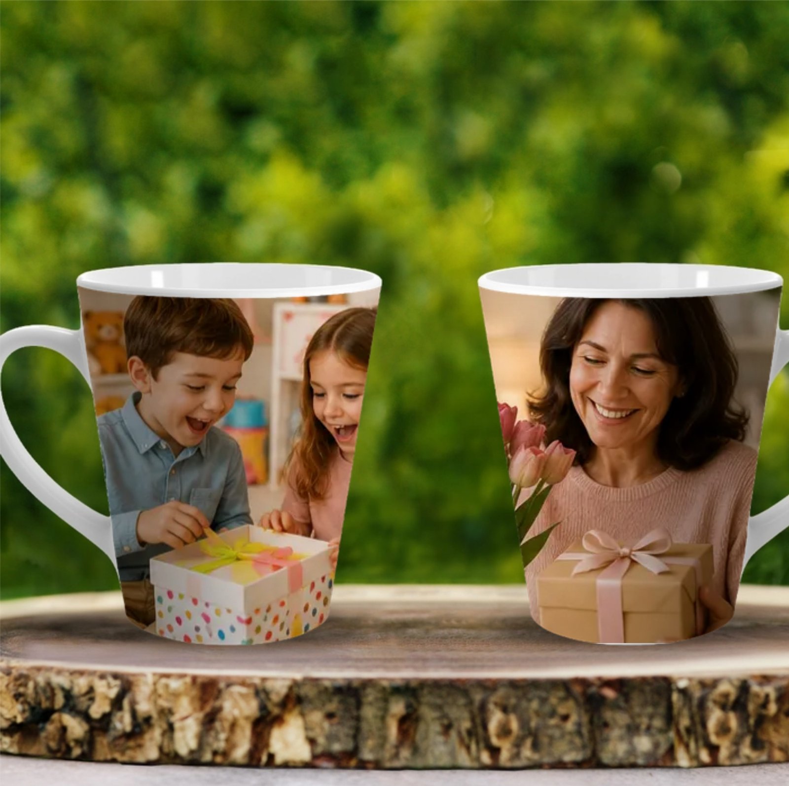 b860202a-77a9-48dc-bc2f-7692dc3bea80 - Personalized Gifts For All Occasions Gift Supplier Two mugs printed with photos of smiling people, set on a wooden table outdoors with a green garden backdrop.