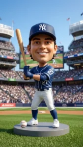 Bobblehead-style baseball player in Yankees uniform with bat, standing on a pedestal on the field amid a crowded stadium.