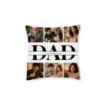 Decorative pillow with a collage of family photos surrounding a bold 'DAD' title, a heartfelt gift idea for Father's Day or Dad's birthday.