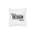 White decorative pillow showing a circular mockup with the text 'Your DESIGN Here' inside a dotted circle.