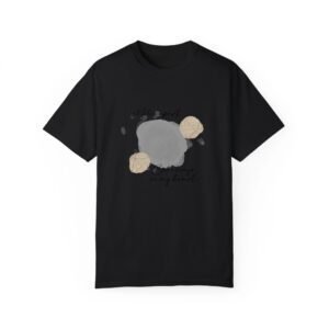 Black T-shirt featuring an abstract graphic: a large gray circle with two beige circles and small text beneath.