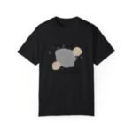 Black t-shirt with an abstract graphic: a gray moon-like circle with two beige spheres.