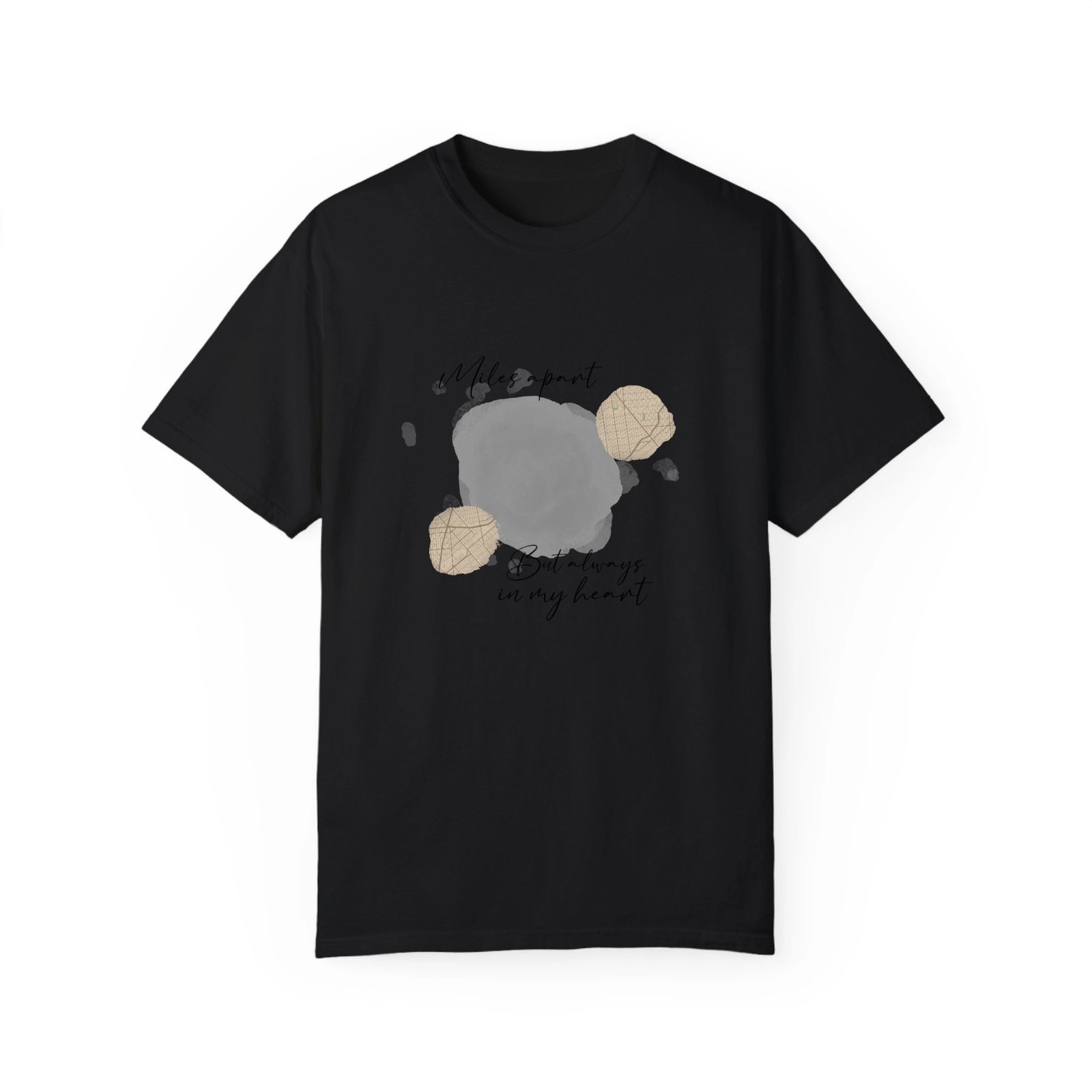 ed30fddb-1795-4b00-ab4d-985fb79101a0 - Personalized Gifts For All Occasions Gift Supplier Black t-shirt with abstract gray paint splatters and beige map-pattern circles, plus subtle handwritten text.