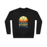 Black crewneck sweatshirt featuring a colorful logo with a rising sun and the words 'Sunshine Music Fun'.